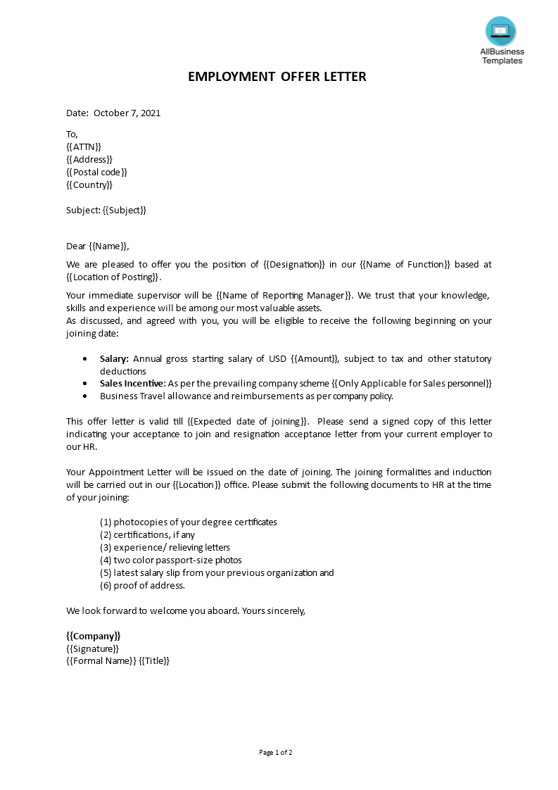 employment offer letter sample voorbeeld afbeelding 