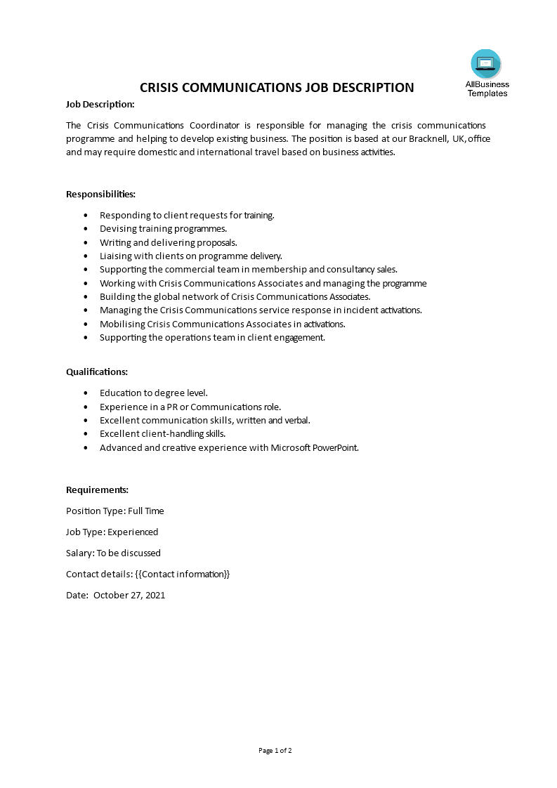 Crisis Communications Job Description main image