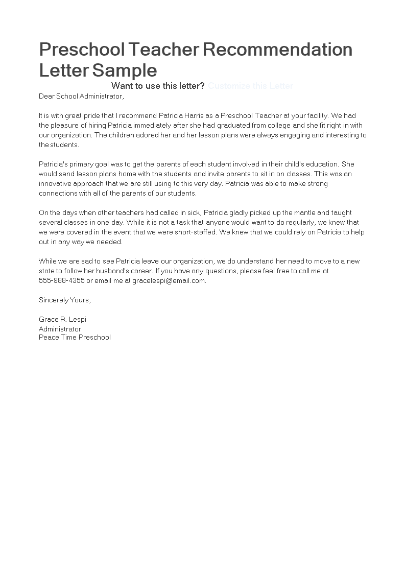 Letter of Recommendation for Preschool Teacher | Templates ...