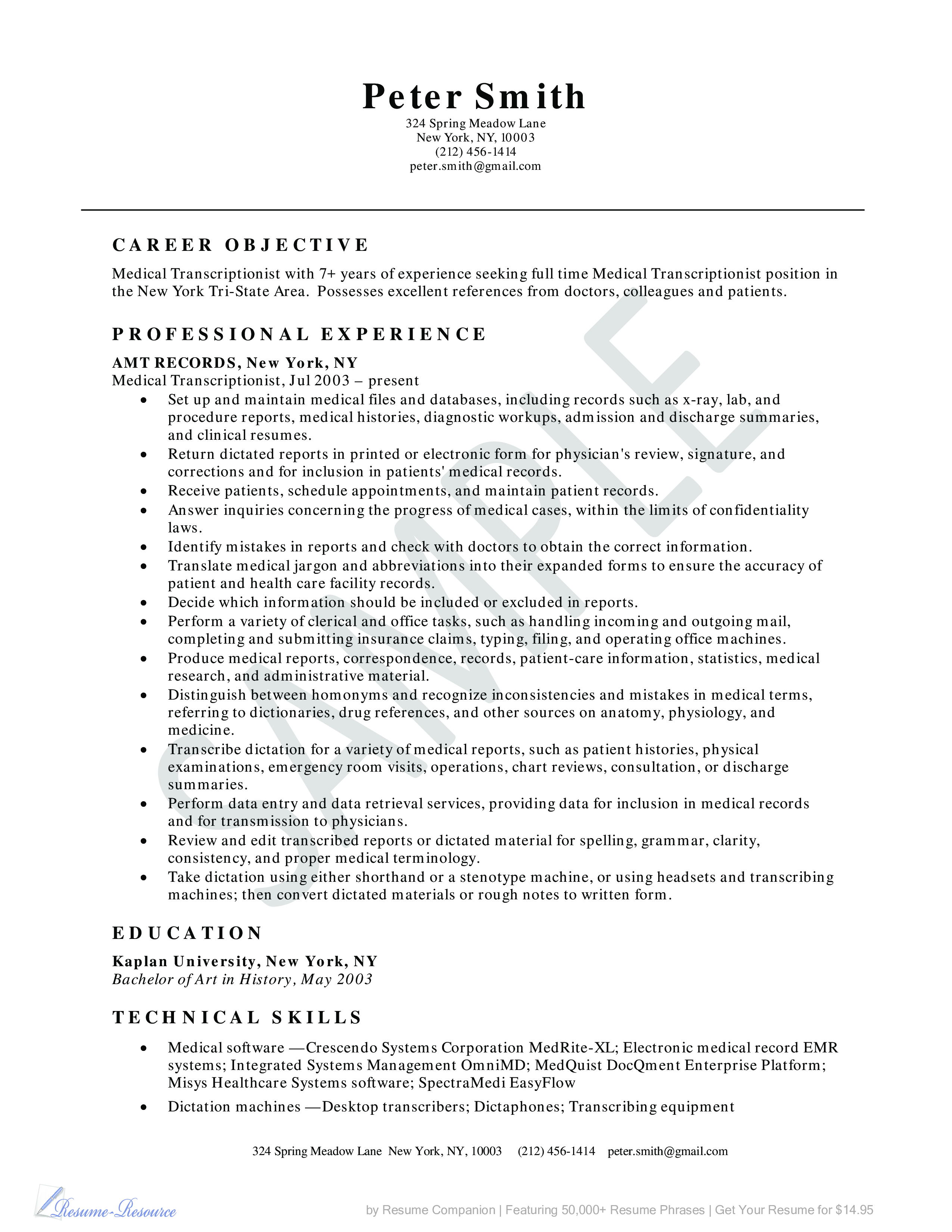 Medical Transcriptionist Resume Example 模板