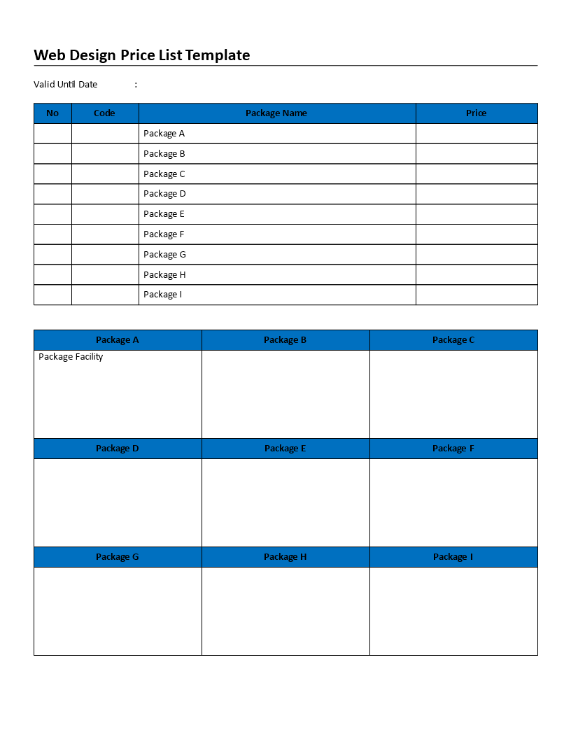 webdesign price sheet template modèles