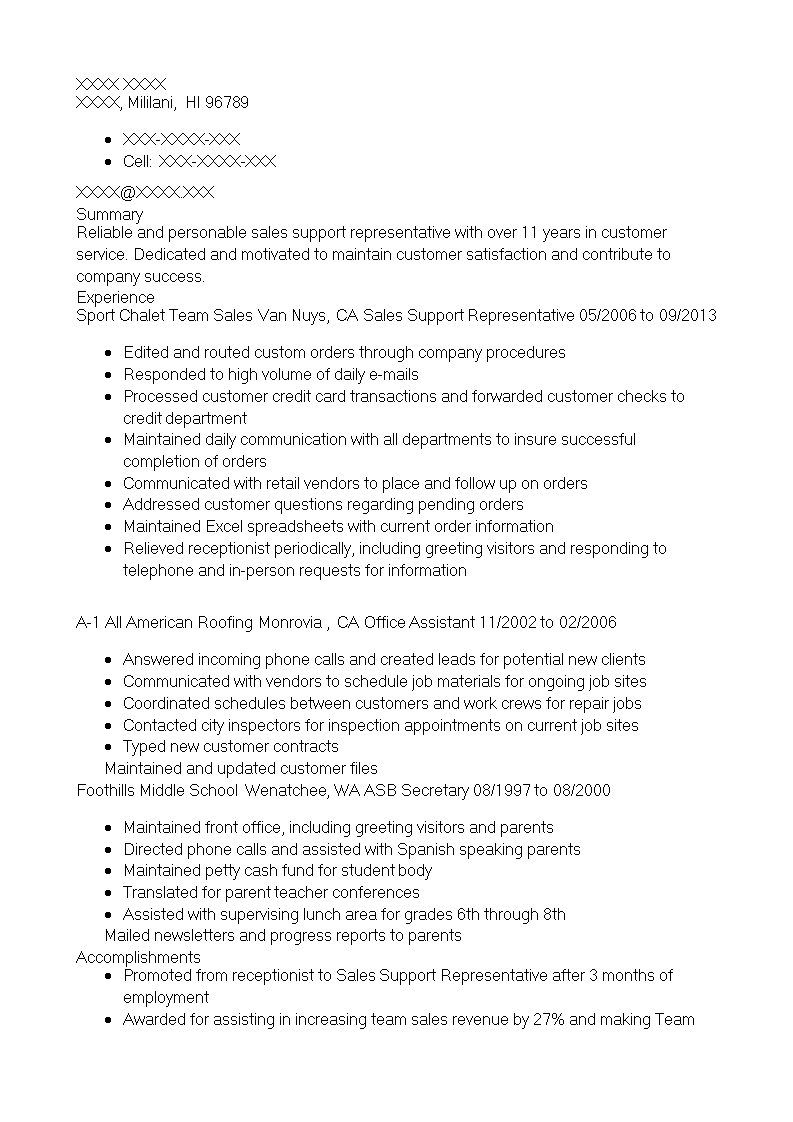 Sales Support Representative Resume 模板