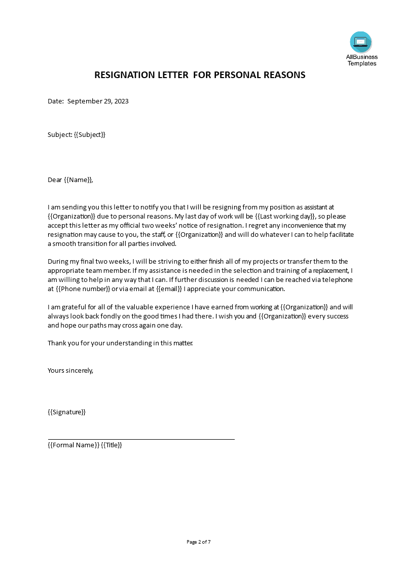 resignation letter for personal reasons voorbeeld afbeelding 