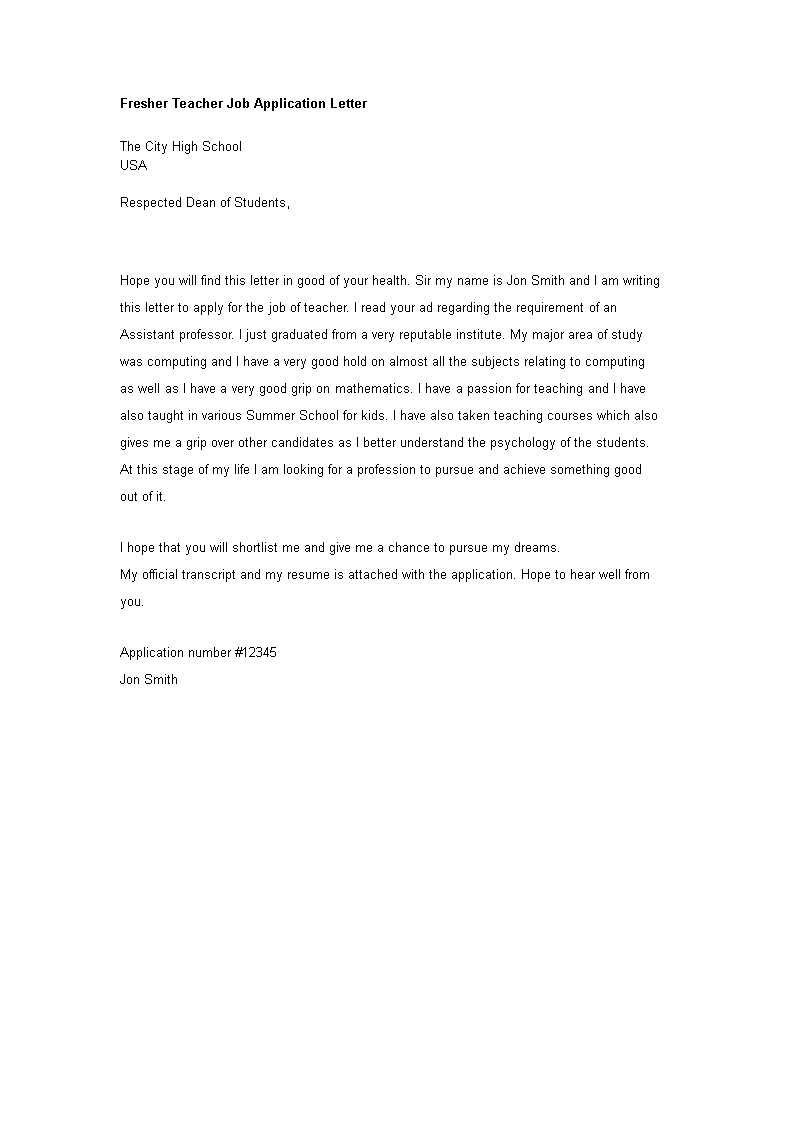 application letter for teacher template