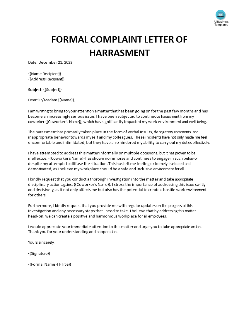 formal complaint letter of harassment Hauptschablonenbild