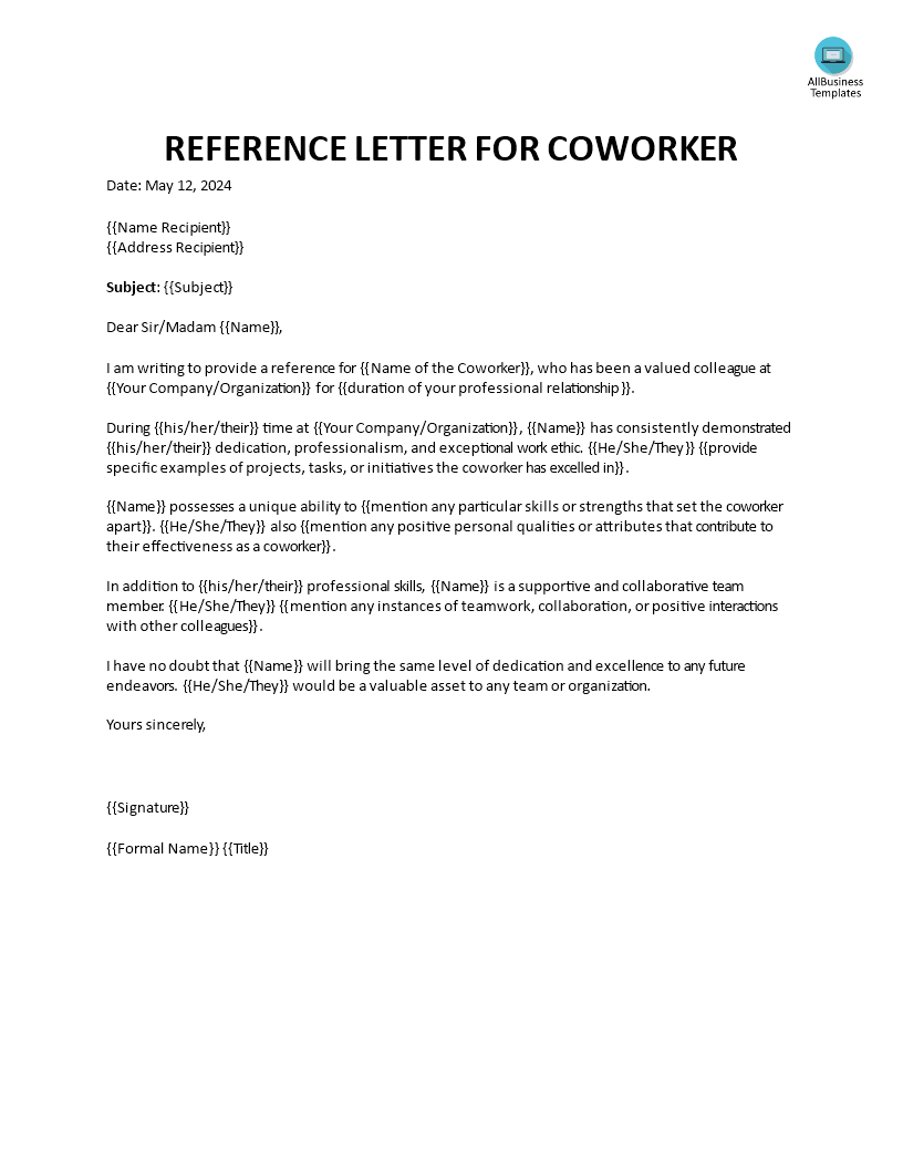 reference letter for coworker modèles