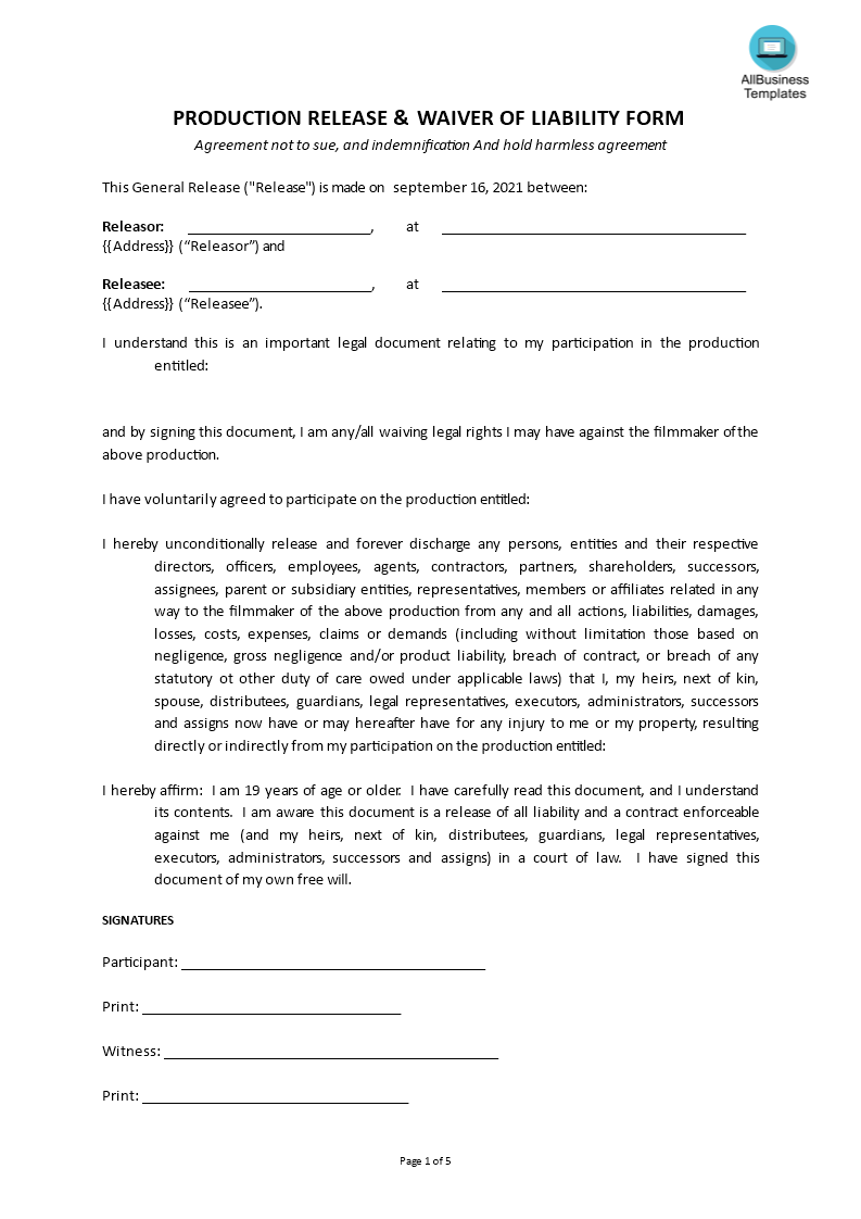 release of liability waiver form template