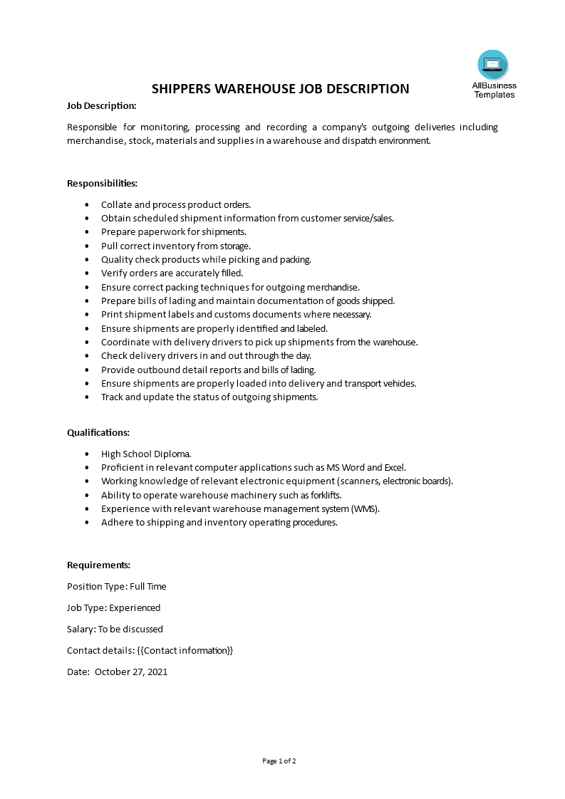 shippers warehouse job description template