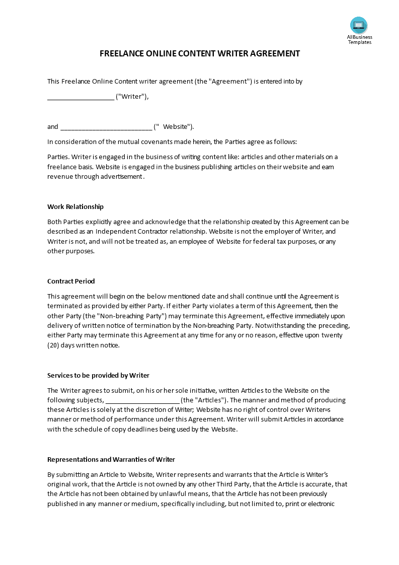 Freelance Online Content Writer Agreement template main image