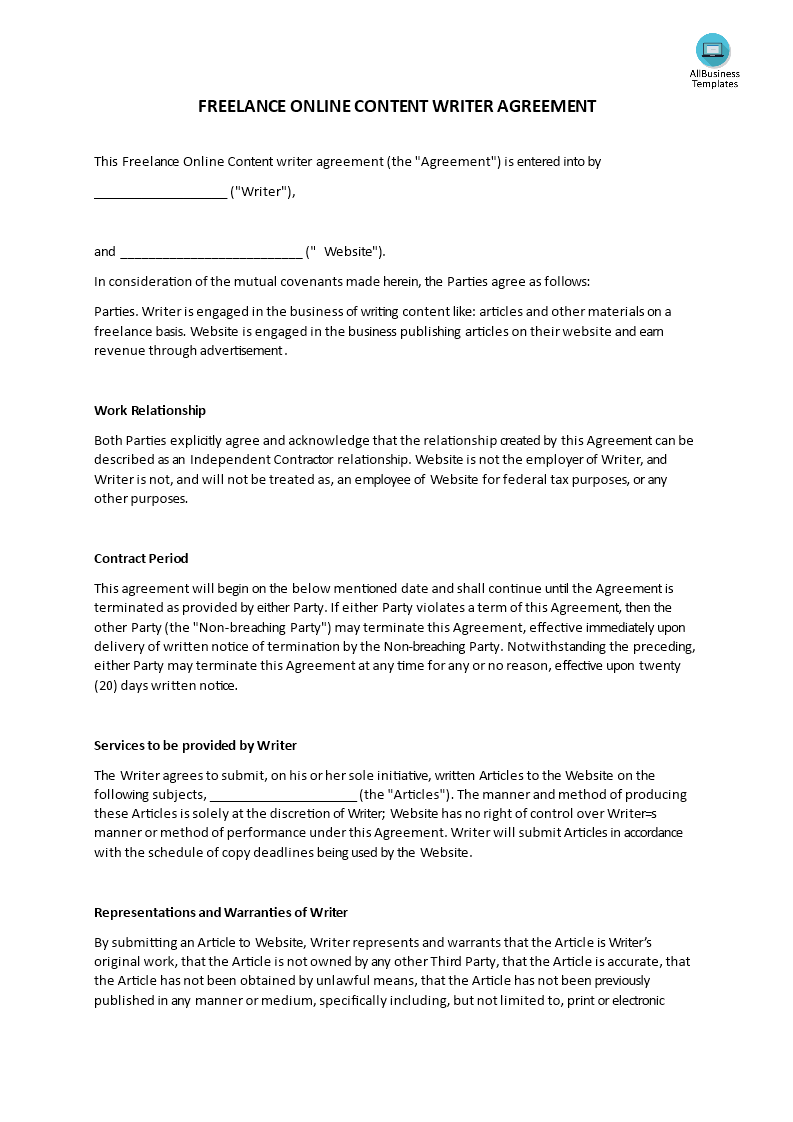 freelance online content writer agreement template voorbeeld afbeelding 