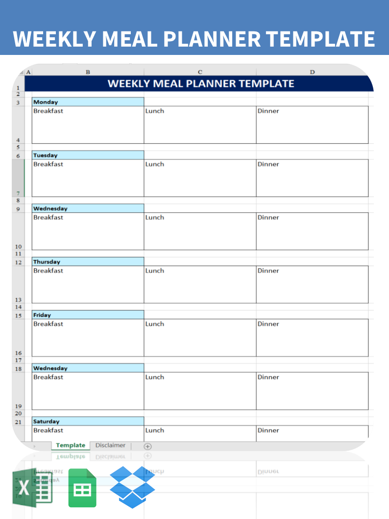Kostenloses Weekly Meal Planner Excel With Breakfast Lunch Dinner Menu Template