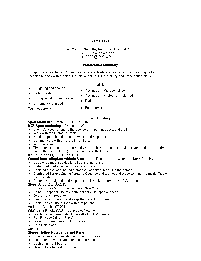 internship resume for sports marketing position template