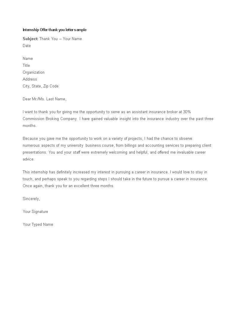 internship offer thank you letter template