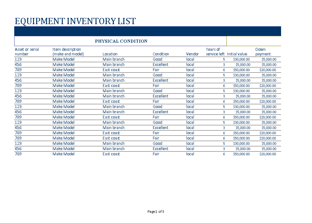 Business Equipment Inventory List 模板