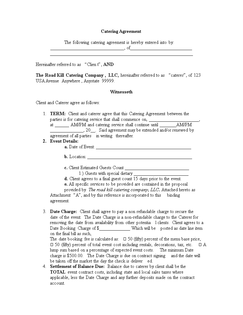 catering contract template template