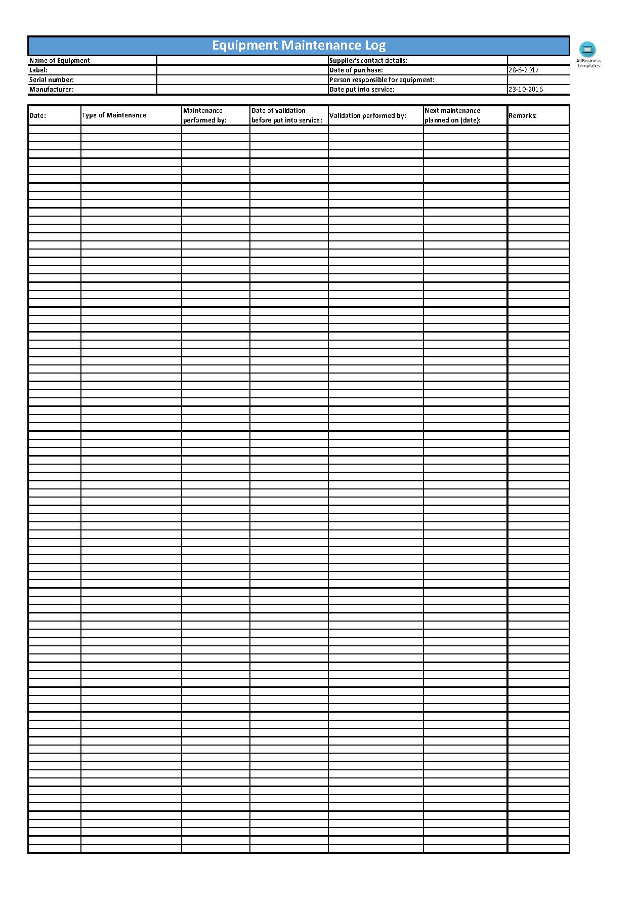 gratis equipment maintenance log excel template equipment maintenance log