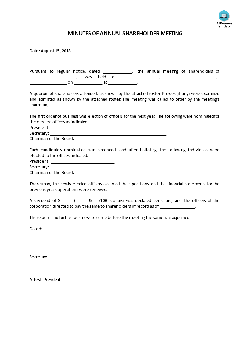 Minutes of Annual Shareholder Meeting Templates at