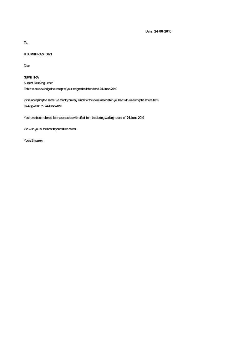 format relieving letter voorbeeld afbeelding 