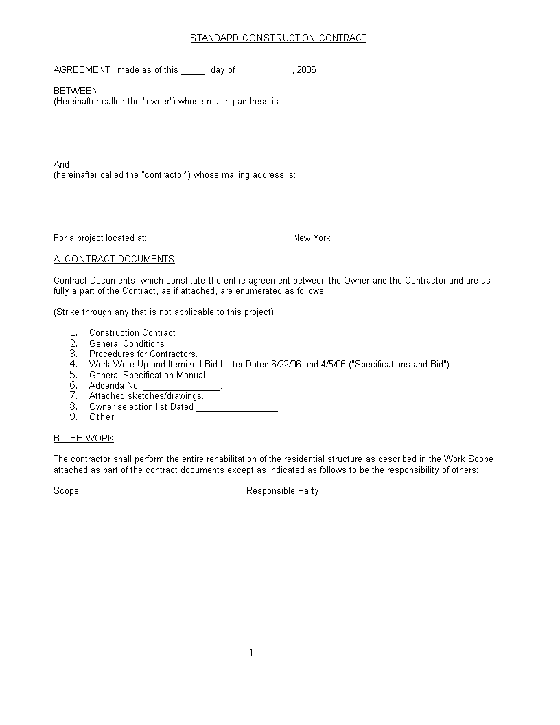 standard construction contract template