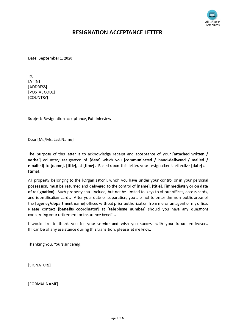 request for resignation acceptance letter Hauptschablonenbild