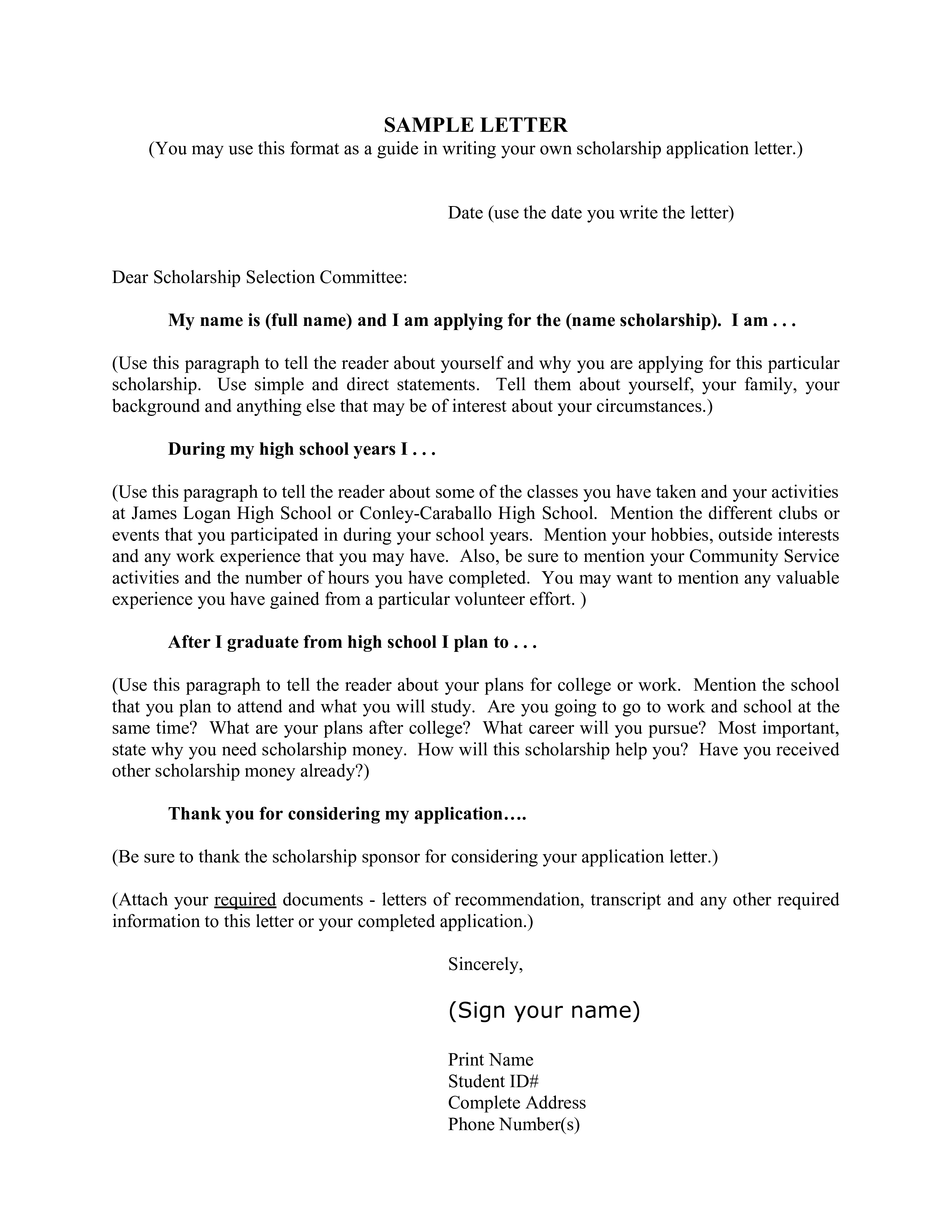 high school scholarship application letter sample