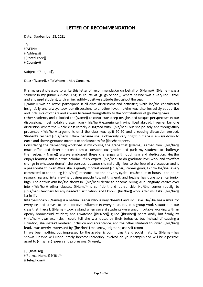 Teacher Recommendation Letter | Templates at allbusinesstemplates.com