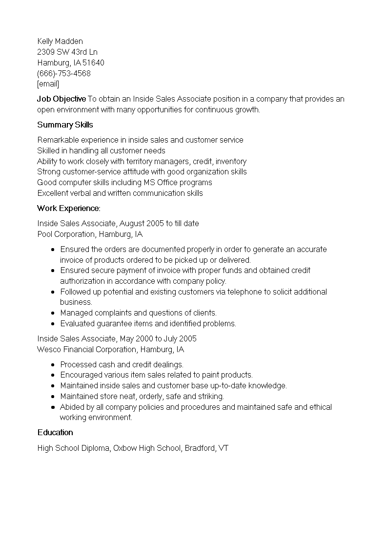 Inside Sales Associate Resume 模板