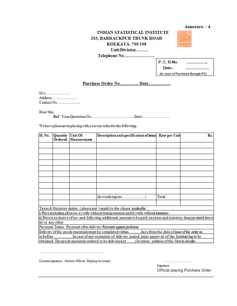 purchase order sheet in excel Hauptschablonenbild