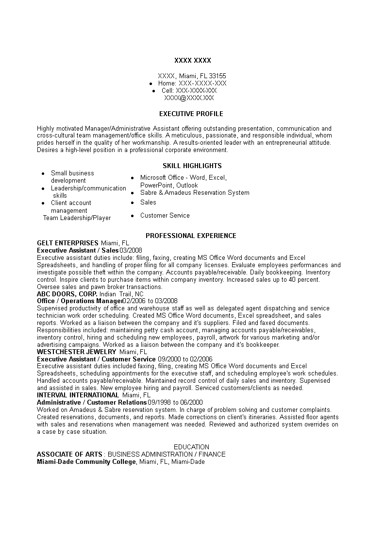 Executive Assistant Sales Resume main image