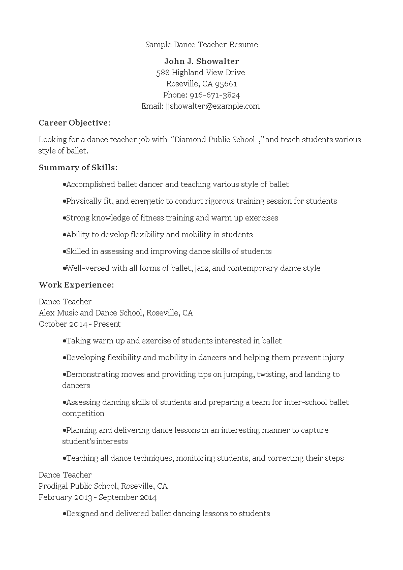 resume format for dance teacher fresher