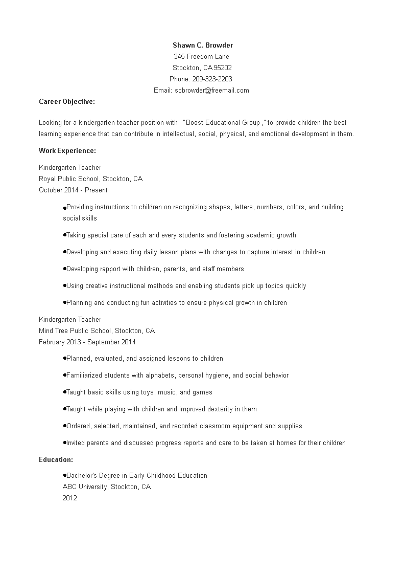 experienced kindergarten teacher resume template