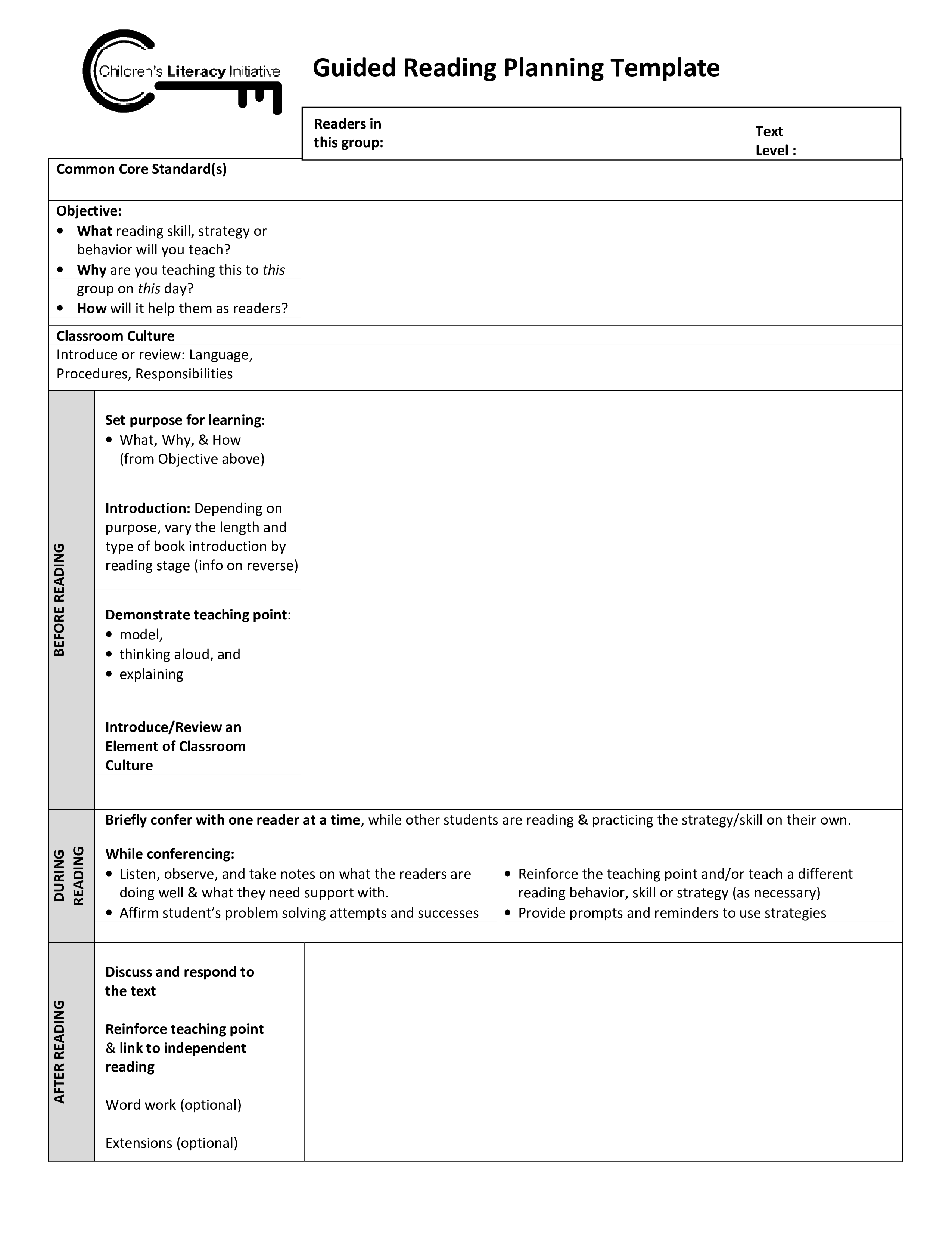 reading group lesson plan template