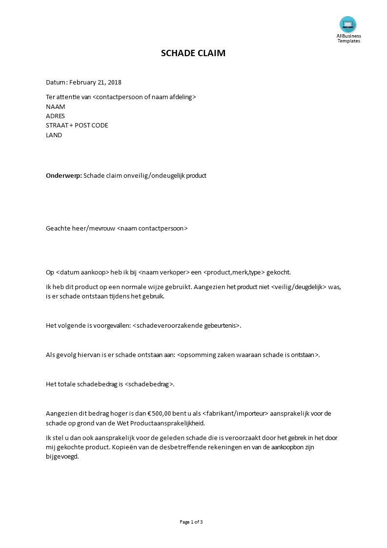 schade claim brief boven 500 euro template