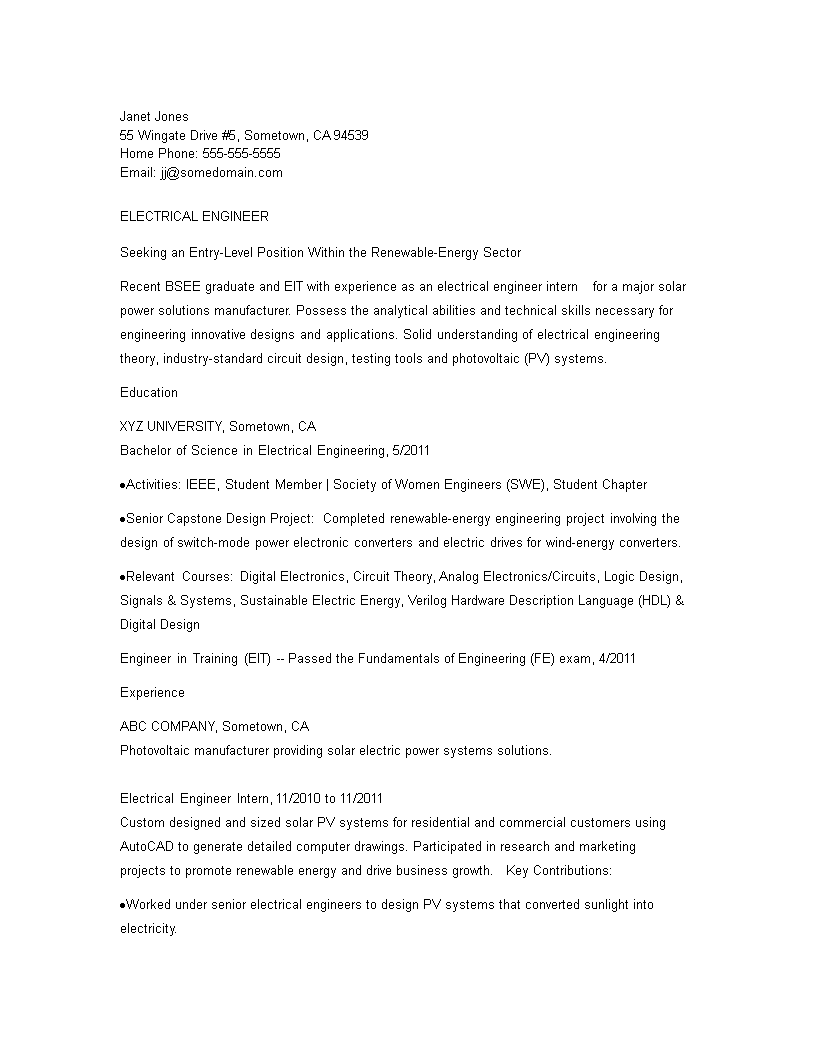 Electrical Engineering Student Resume sample 模板