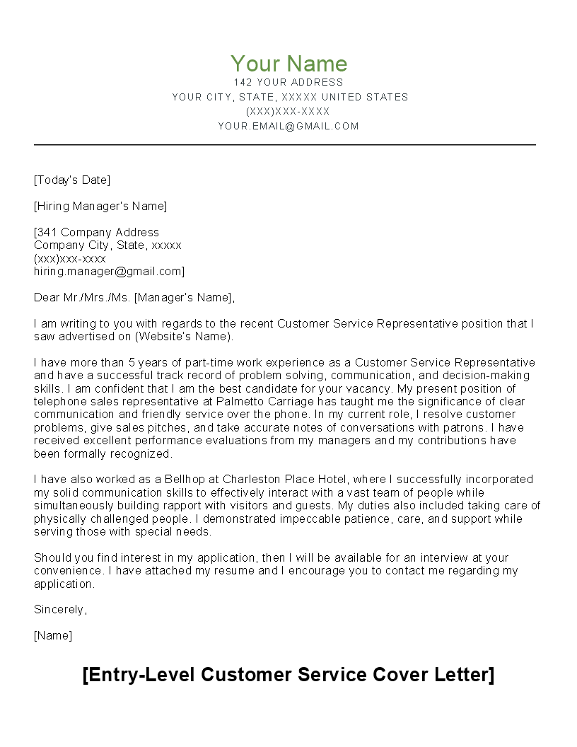 simple cover letter for customer service representative