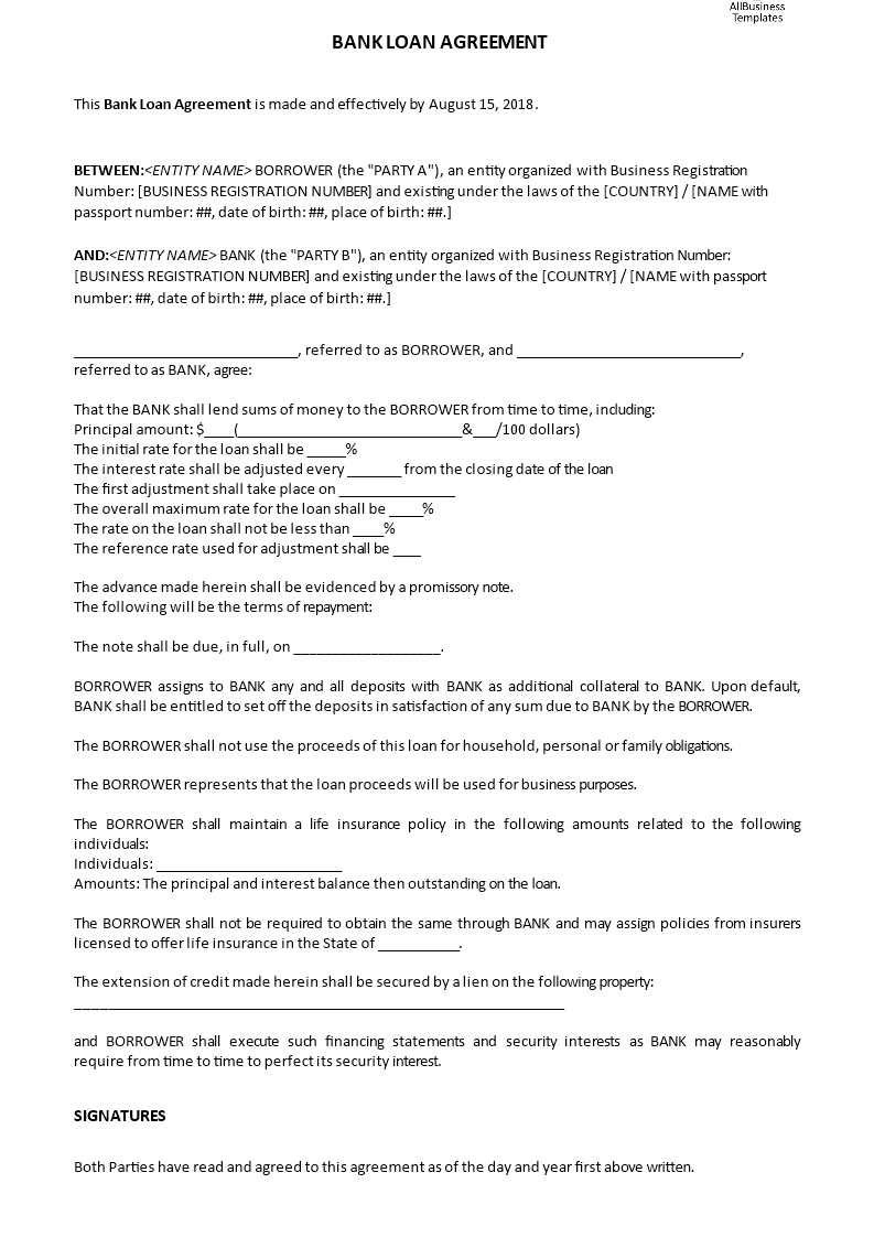 bank loan agreement template