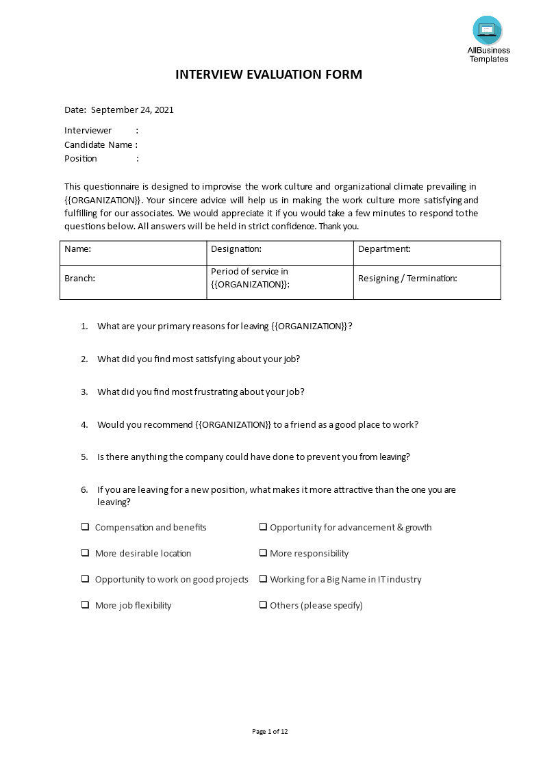 best exit interview form template