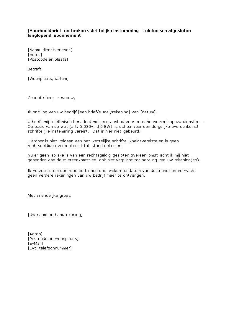 ontbreken schriftelijk instemming bij telefonisch verkoop abonnement plantilla imagen principal