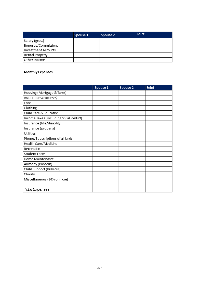 Separation Worksheet Templates at
