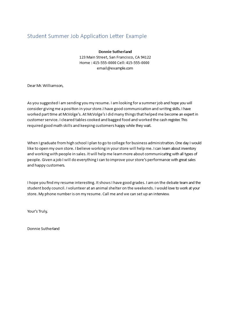 student summer job application letter template