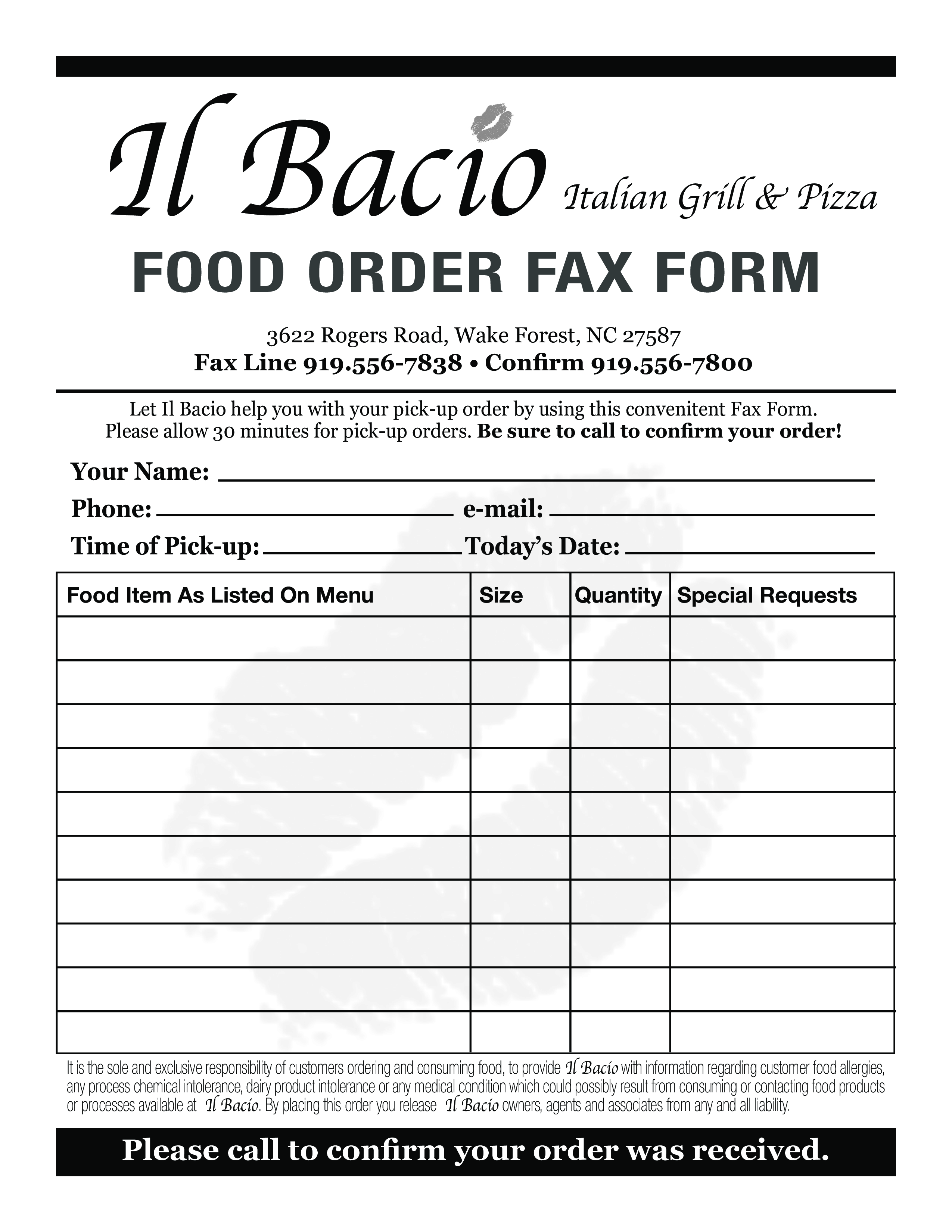 food order delivery form template