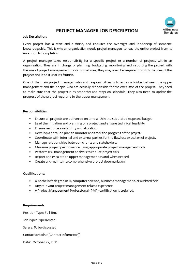 project management job description template