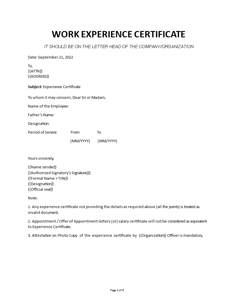 Experience Certificate Letter 模板