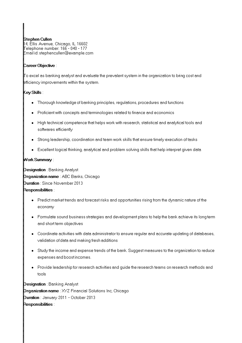 banking analyst resume template