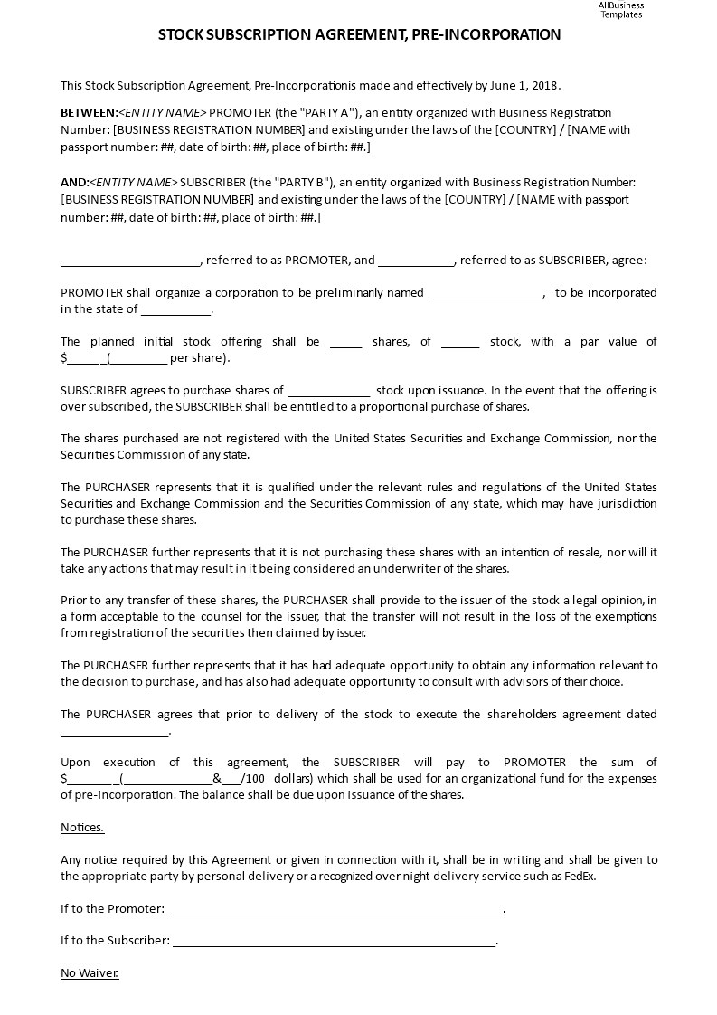 stock subscription agreement template