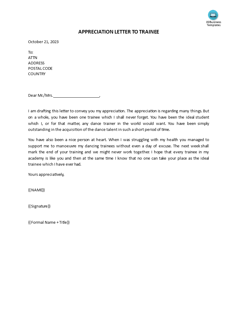 appreciation letter to trainee template