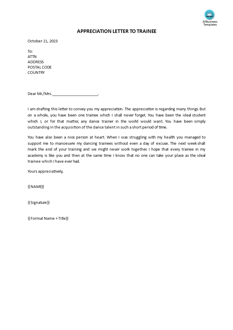 appreciation letter to trainee voorbeeld afbeelding 