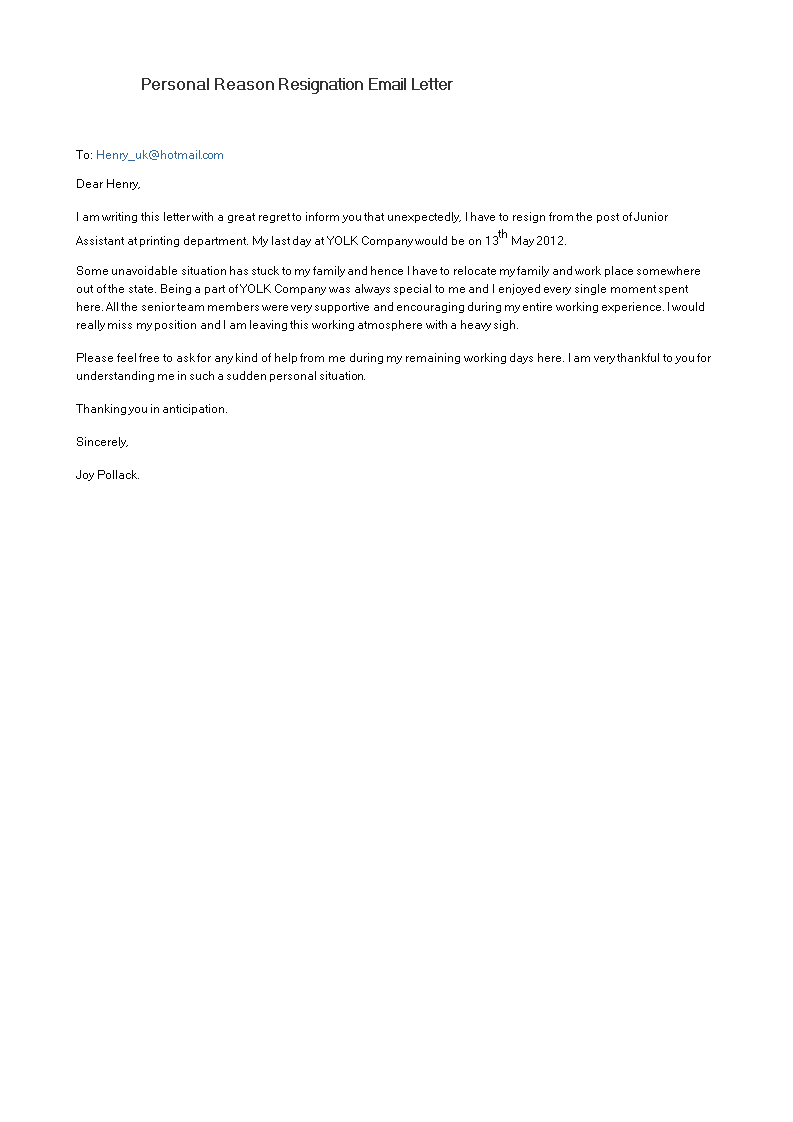 personal reason resignation email letter template