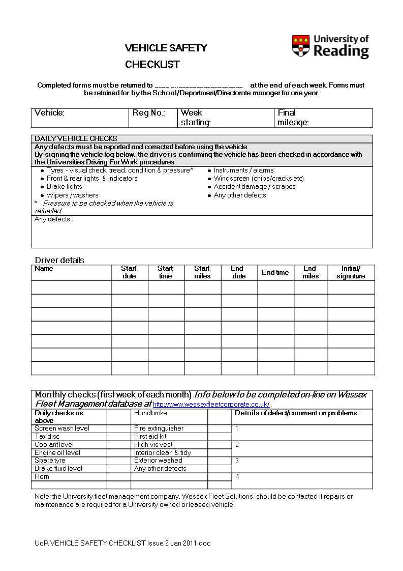 Vehicle Safety Checklist Word Templates at