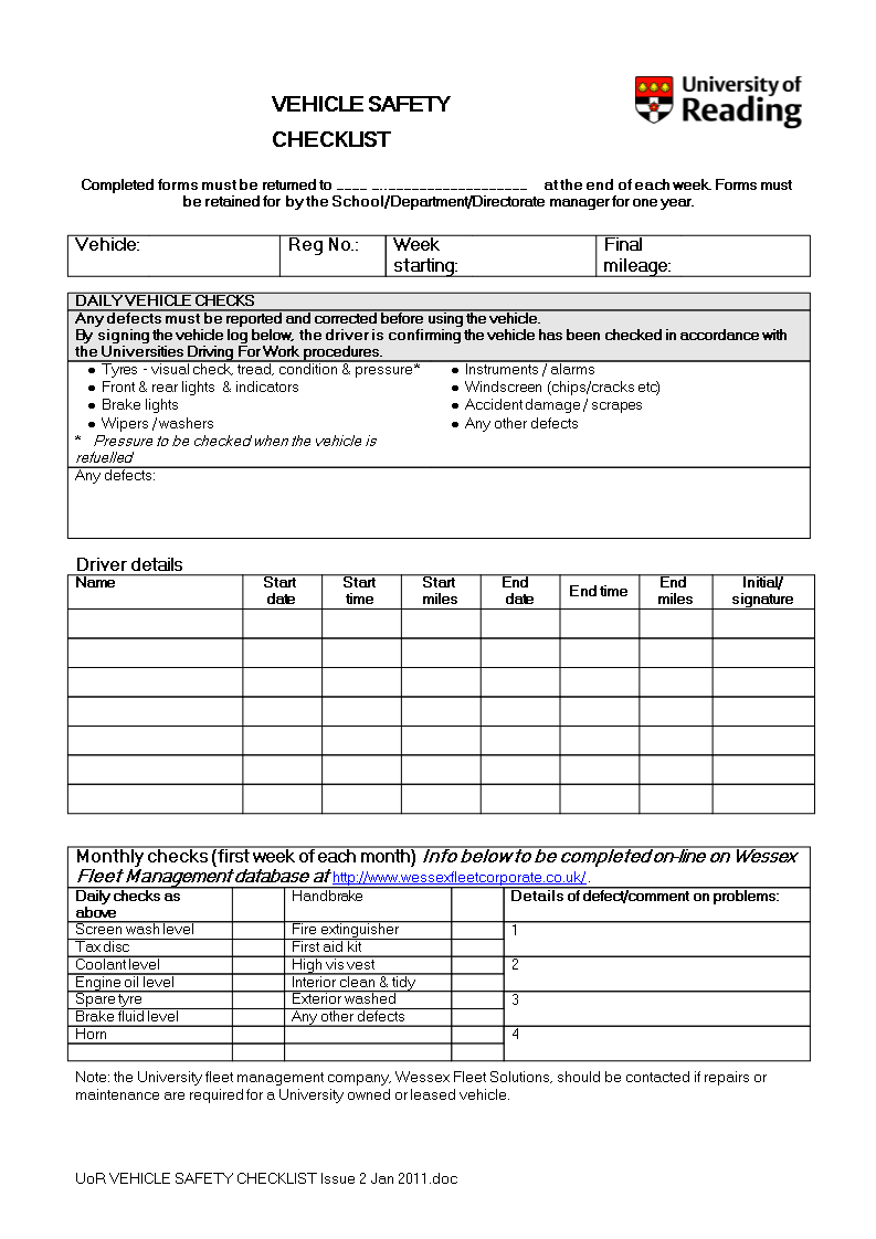 vehicle safety checklist word modèles